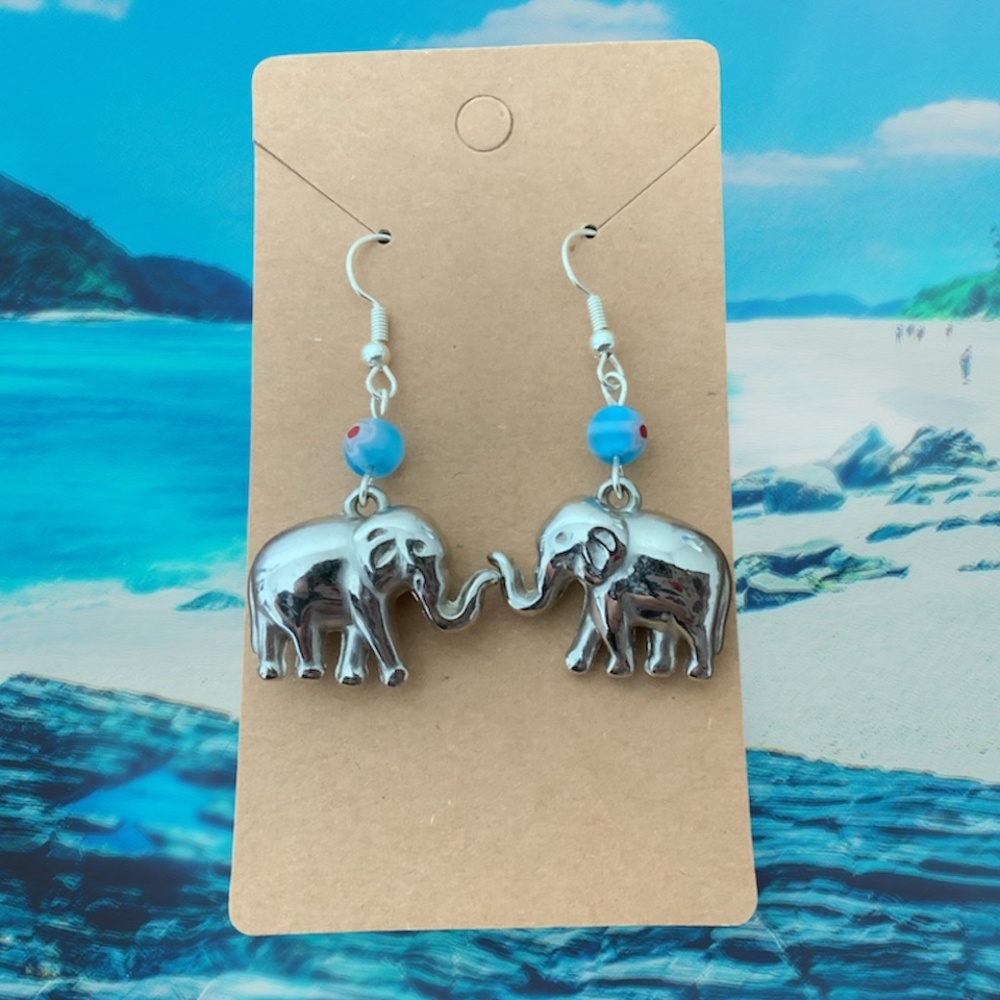 Handcrafted Elephant Glass Flower Beaded Dangle Drop Handmade Earrings